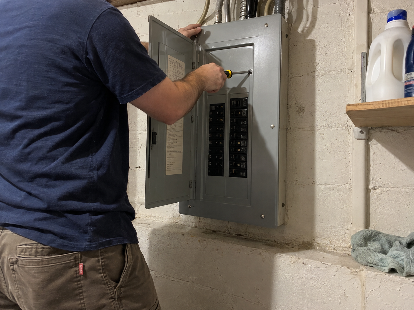 Licensed electrician working on an electrical panel in a Queens home